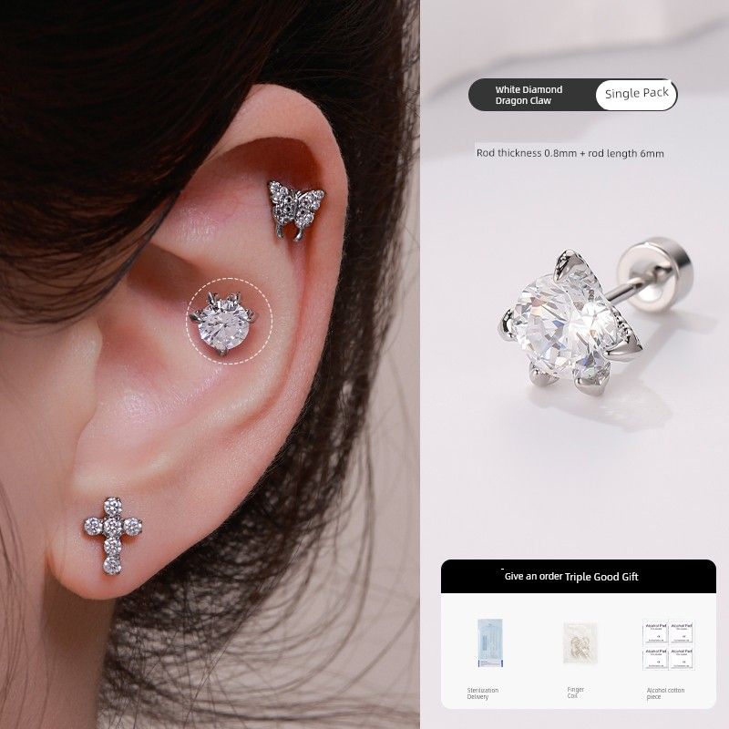 

Medical Grade Titanium Steel Ear Studs Ear-Caring Dragon Claw Flash Zircon Ear Bone Pin Male Thread Ear Bone Stud Sleep No Need to Take off Female [Single white drill] 0.8 thick rod 6mm long