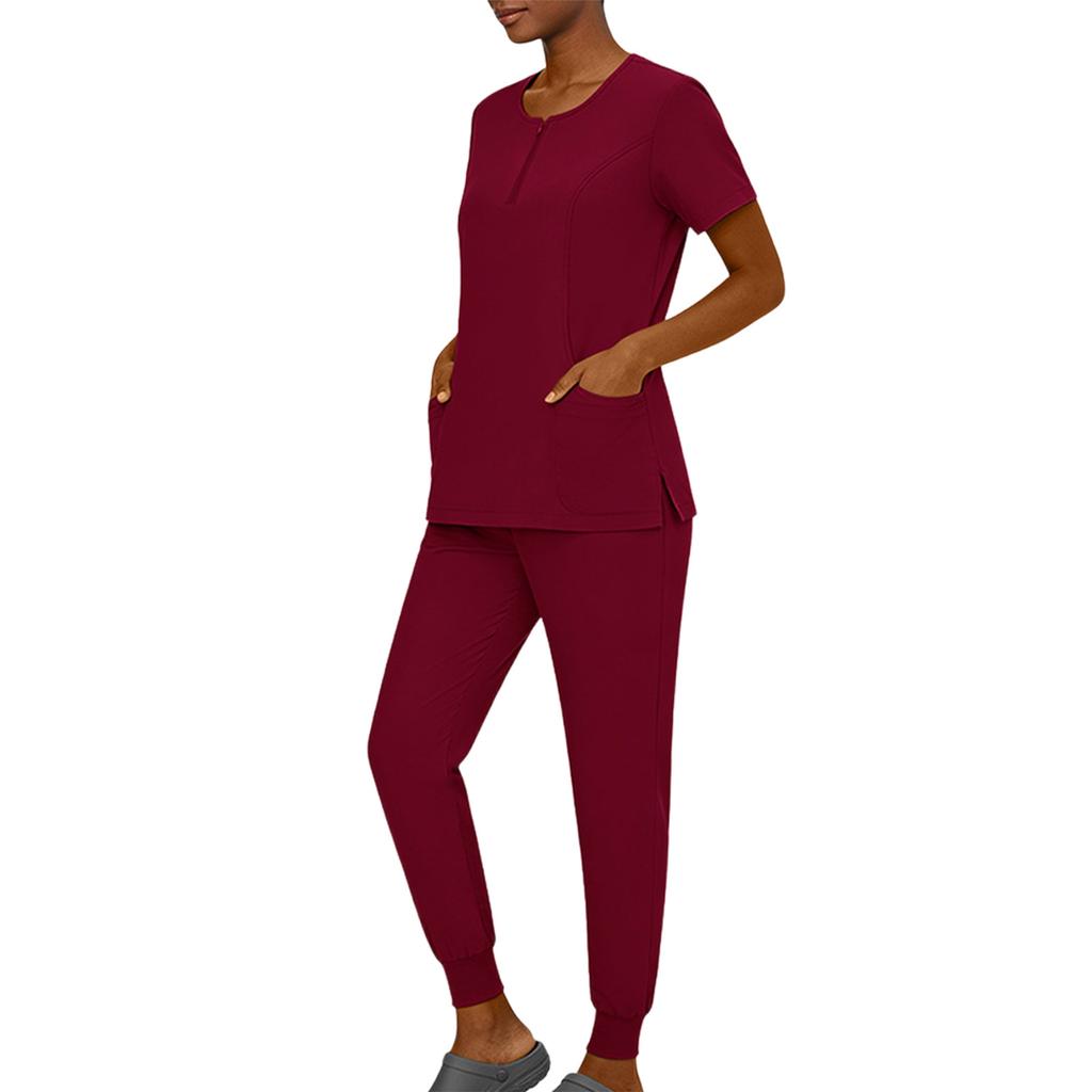 Women's Short Sleeved Color Round Neck Pocket Top Pants Work Clothes Two Piece Set
