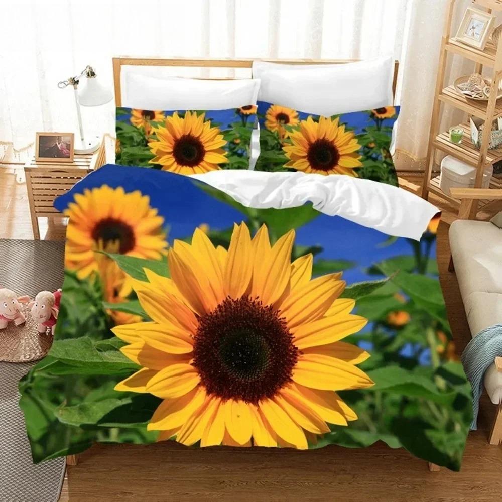 Orange Sunflower Printed Bedding Set For Lover Couples Gift Flower Pattern Duvet Cover Quilt Home Use Bedlines Double Bed Quilt