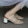 New Rivet Thick Heel Slippers Wear New Versatile Leather Sheepskin Word with Open Toe Medium Heel Cool Slippers Women
