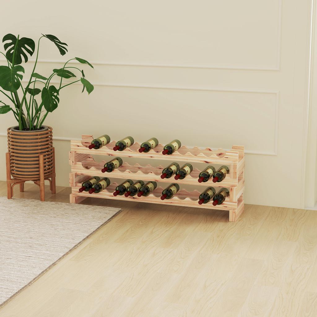 Wine Rack, 36 Bottles, 3 Adjustable Tiers, 114 x 28 x 42.5 cm, Natural Wood