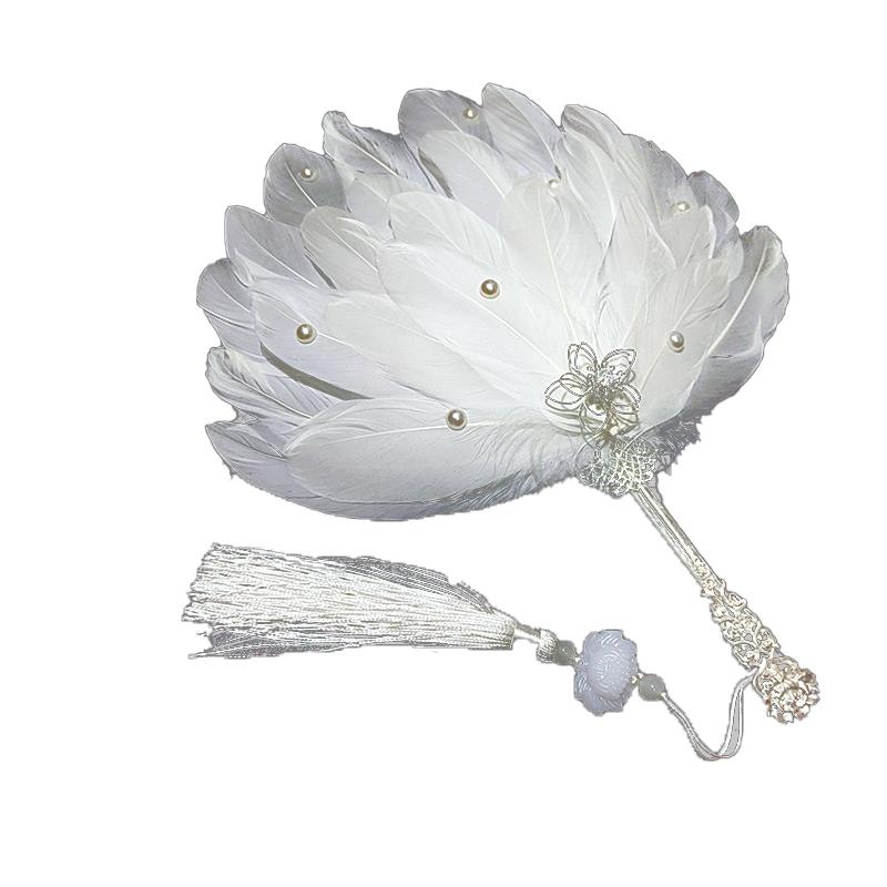 Wachlarz z piórko kołowy styl starożytny frędzel perła okrągły Hanfu dekoracje do tańca szlafroki poranne rekwizyty ślubne Neoklasyczny 1 szt.