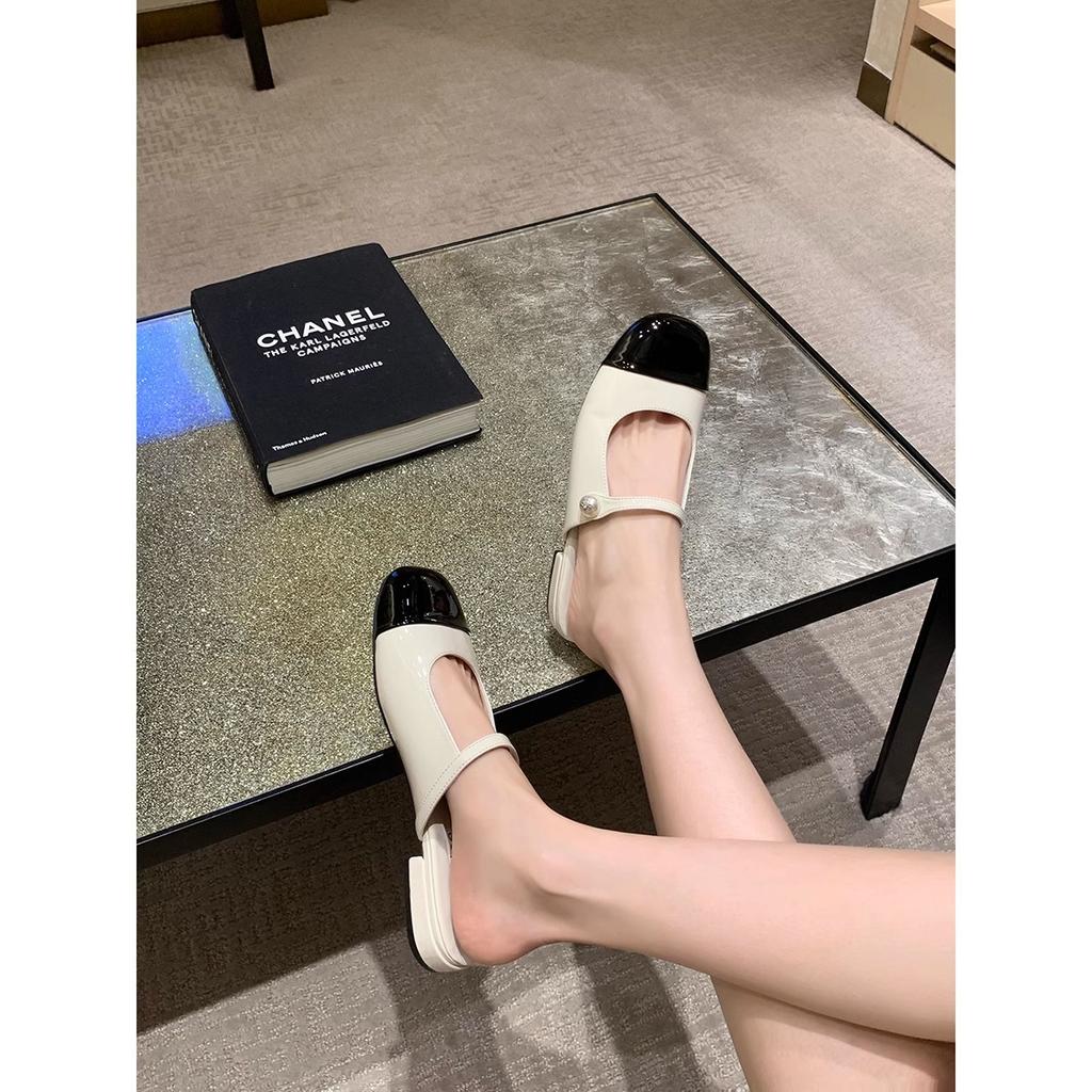 Xiaoxiangfeng Baotou one pedal splicing square round head pearl one character with shallow mouth versatile Mary Jane half drag girl spring and summer