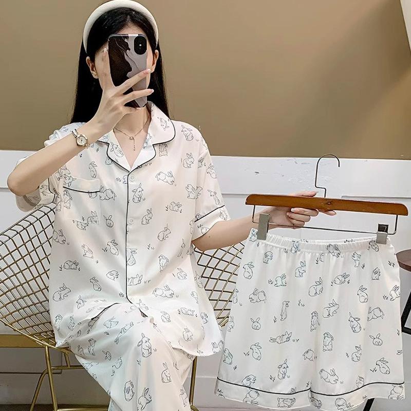 Spring And Summer Simple Wind Ice Silk Three-Piece Set Short-Sleeved Pajamas Women'S Bunny Printed Loungewear Set