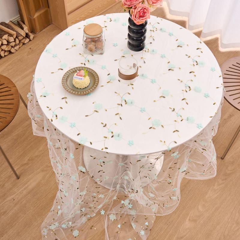 Boho Floral Embroidered Lace Tablecloth Sheer Tulle Table Cover Vintage Aesthetic Table Runner for Shower Birthday Wedding Party