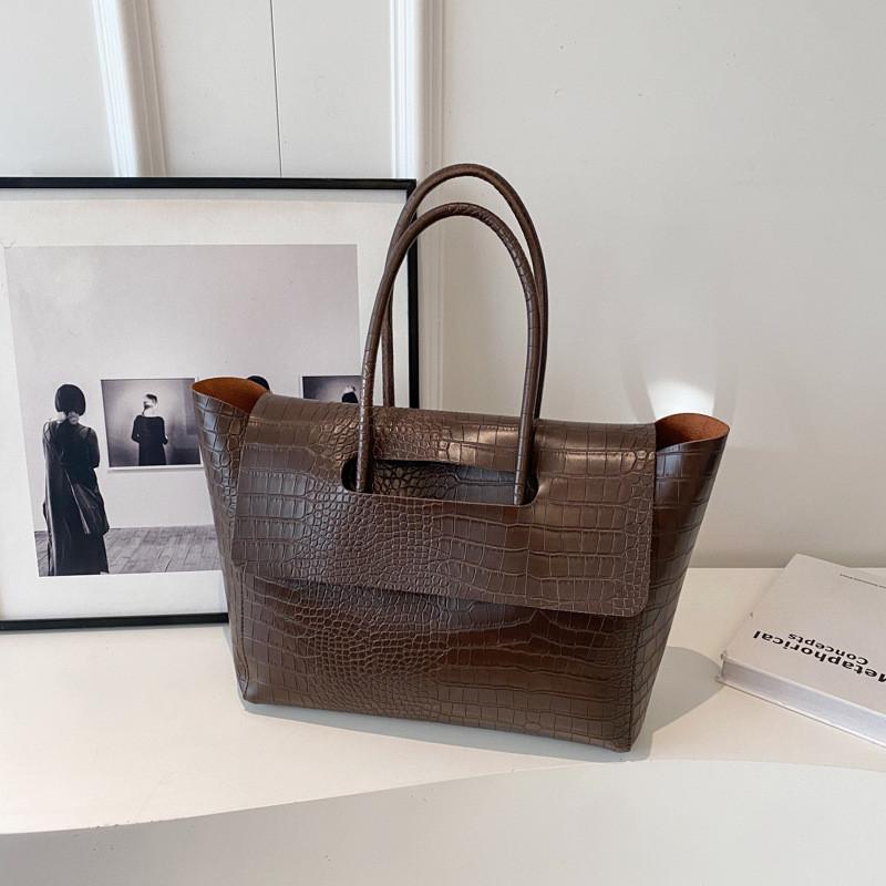 Color Simple Solid Crocodile Texture Women Large Capacity Shoulder Bag Tote