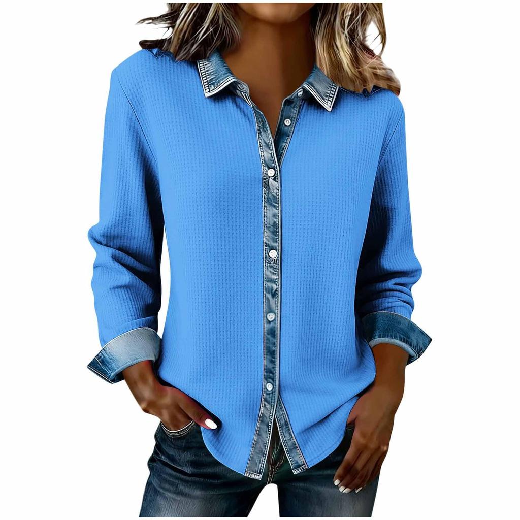 Womens Fashion Lapel Long Sleeved Denim Patchwork Button Up Shirt Loose Top