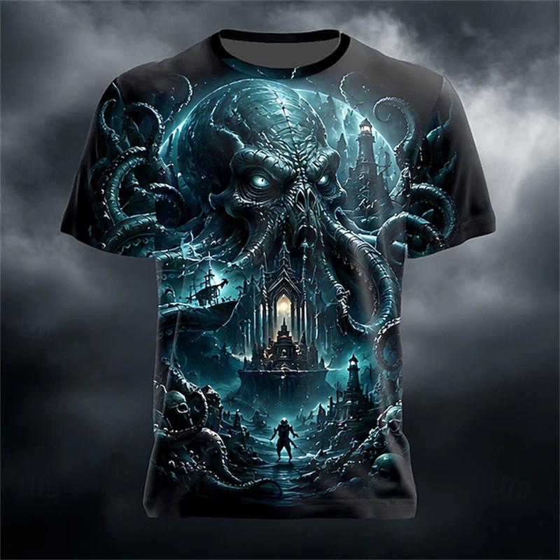 Men's New Summer Fashion Trend Round-Neck T-Shirt Giant Ram Skull Castle Wizard Dark Magic Hell Halloween-Themed Short-Sleeve