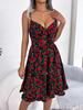 Women Casual Floral Ruffled Bow Strappy High Waist A Line Midi Dress
