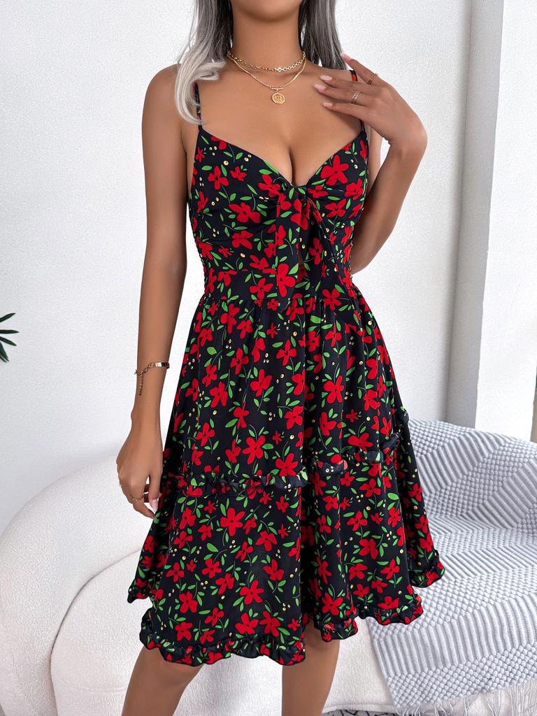 Women Casual Floral Ruffled Bow Strappy High Waist A Line Midi Dress