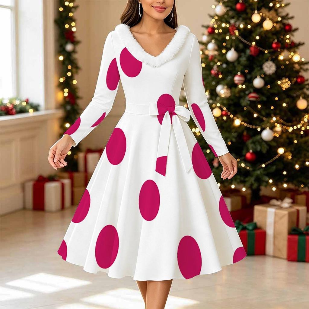 Women Polka Dot Print Midi Dress, Long Sleeve V‑Neck Furry Trim A‑Line Party Dress, Christmas Limited Edition