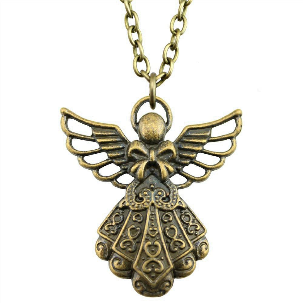 Angel Wing & Open Heart Pendant Necklace Romantic Gothic Statement Jewelry 45cm or 70cm Long Chain