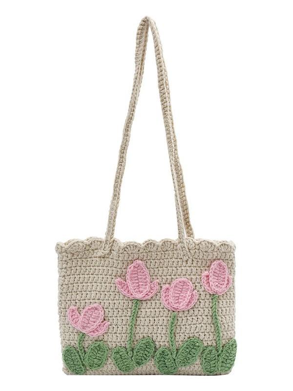 No Brand Handmade Knitted Tote Bag With Woven Pattern For Casual Daily Use