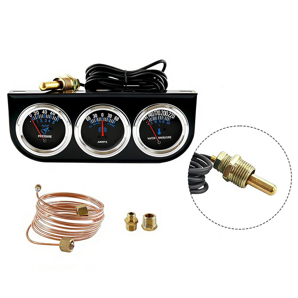 52mm 24V Triple Gauge Cluster Compact Design Fits 52mm Dashboard Cutout Water Temp Oil Pressure Fuel Level Metal