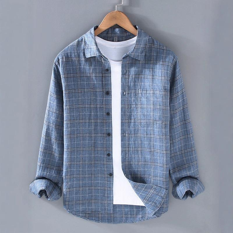 Men s Plaid Print Roll Up Sleeve Button Down Shirt Casual Linen Streetwear Top S синий