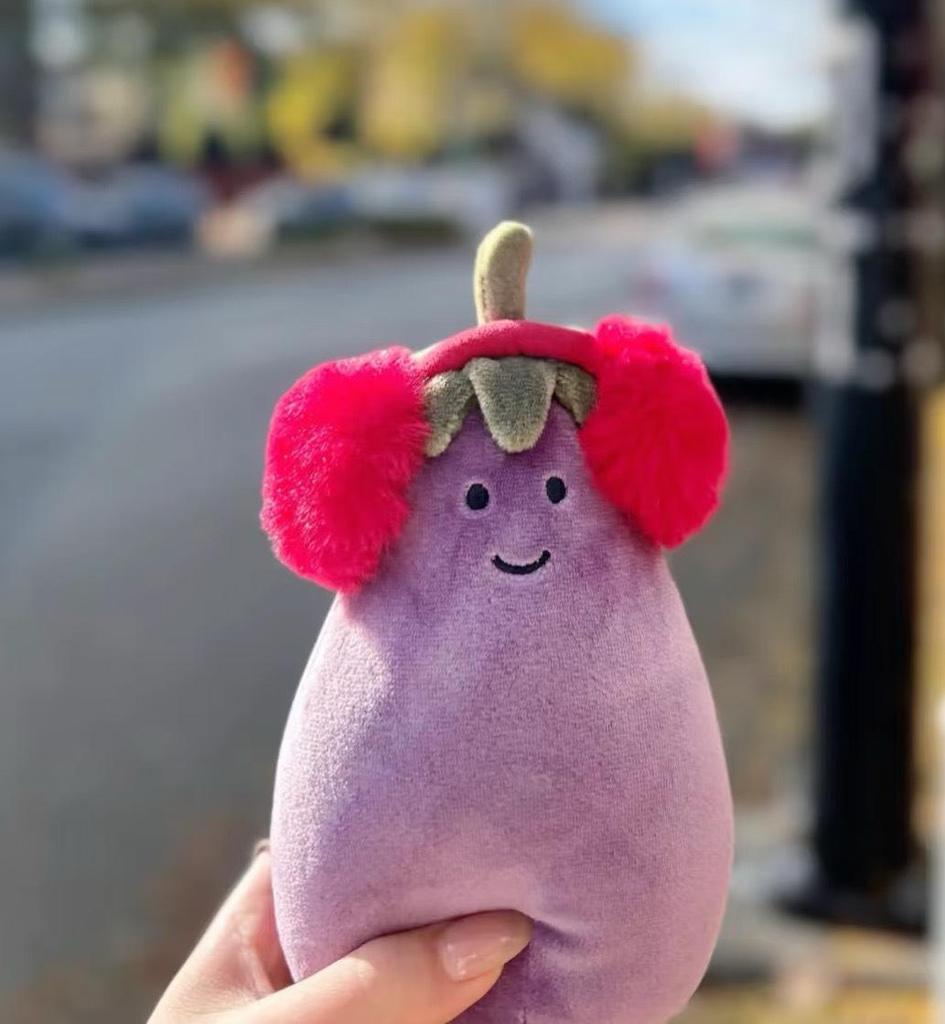 UK Jellycat Aubergine Plüsch Schlüsselanhänger mit roten und gelben Ohrenschützern