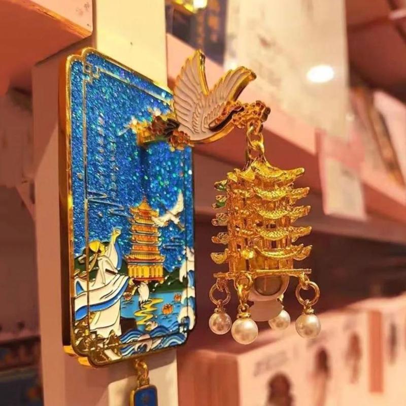 

Unique Chinese Style LED Fridge Magnet , Light Up Metal Souvenir Of Yellow Crane Tower With Cherry Blossom Gift синій