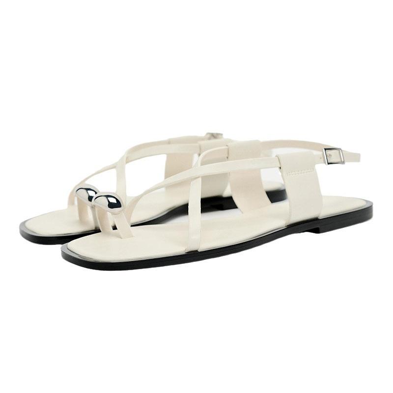 ZA Metal Decoration Pull Belt Flat Bottom Cover Toe Fashion Casual Sandals Cross Belt Toe Pinch Shoes