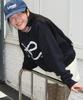 RONRON Heart Ribbon Lace Applique Sweatshirt Navy