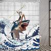 Funny Cat Shower Curtain, Cool Cat Dinosaur Japanese Ocean Wave Decor Fabric Bathroom Curtains, Kids Rustic Wooden Bath Curtain