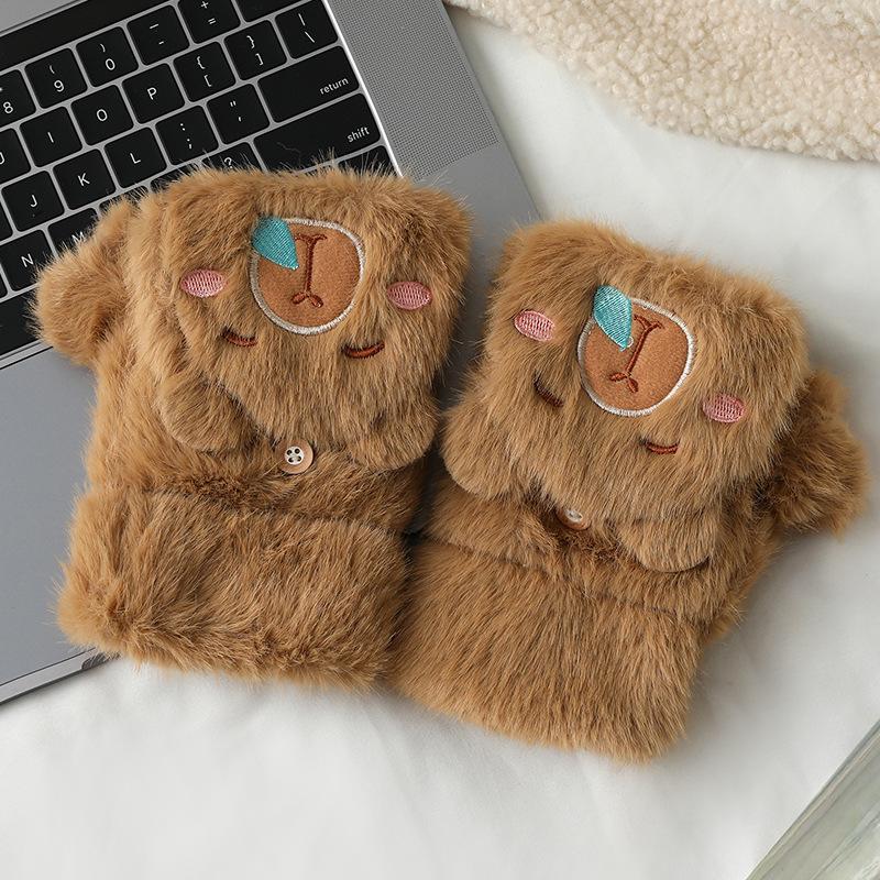 Cute Capybara Plush Gloves Half Finger Flip Cover Fleece Lined Thickened Riding Warm Winter Touchscreen Compatible Student
