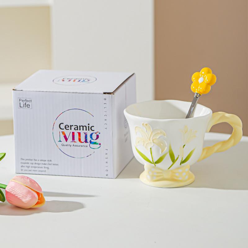 Tulip Ceramic Cup Hand Painted Relief High Looking Coffee Cup Mug Girl Heart Home Water Cup Souvenir