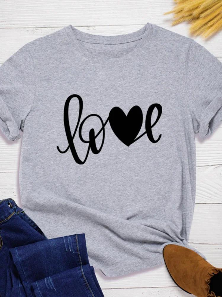

Женская футболка с принтом в виде сердца и букв «любовь», короткий рукав, O-образный вырез, свободная женская футболка, женская футболка, топы, одежда, женские футболки XXXL светло-серый