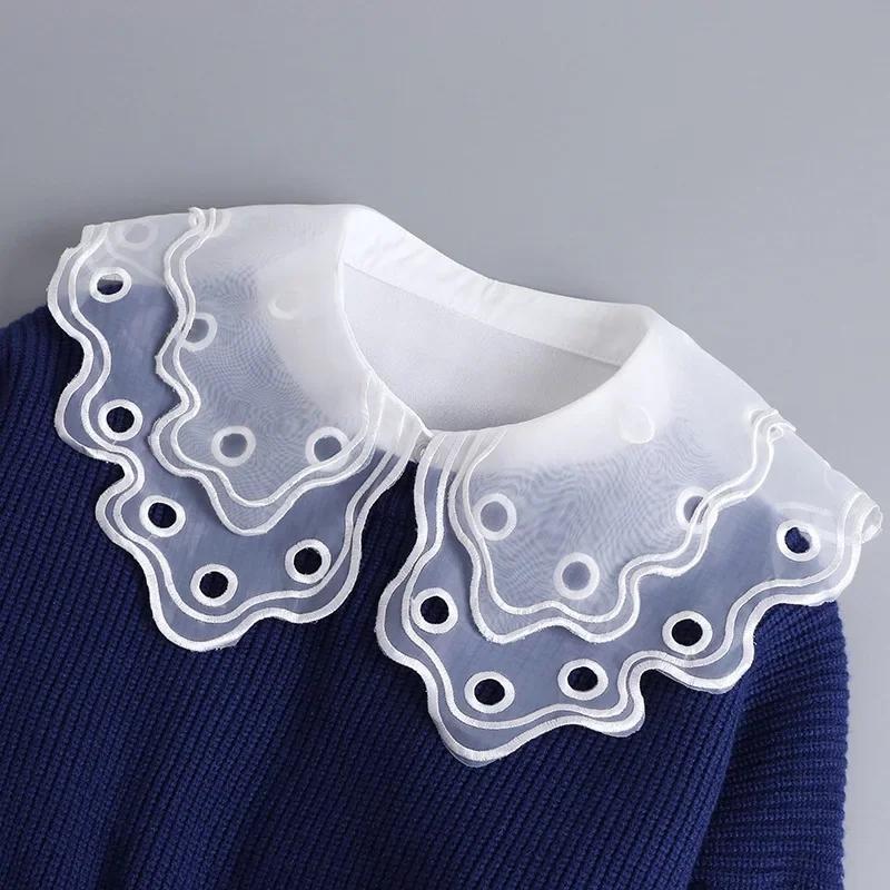 New Women White Lace Fake Collar Vintage Shirt Detachable Collar Front Tie Men Lapel Blouse Top Sweater Cotton False Collars