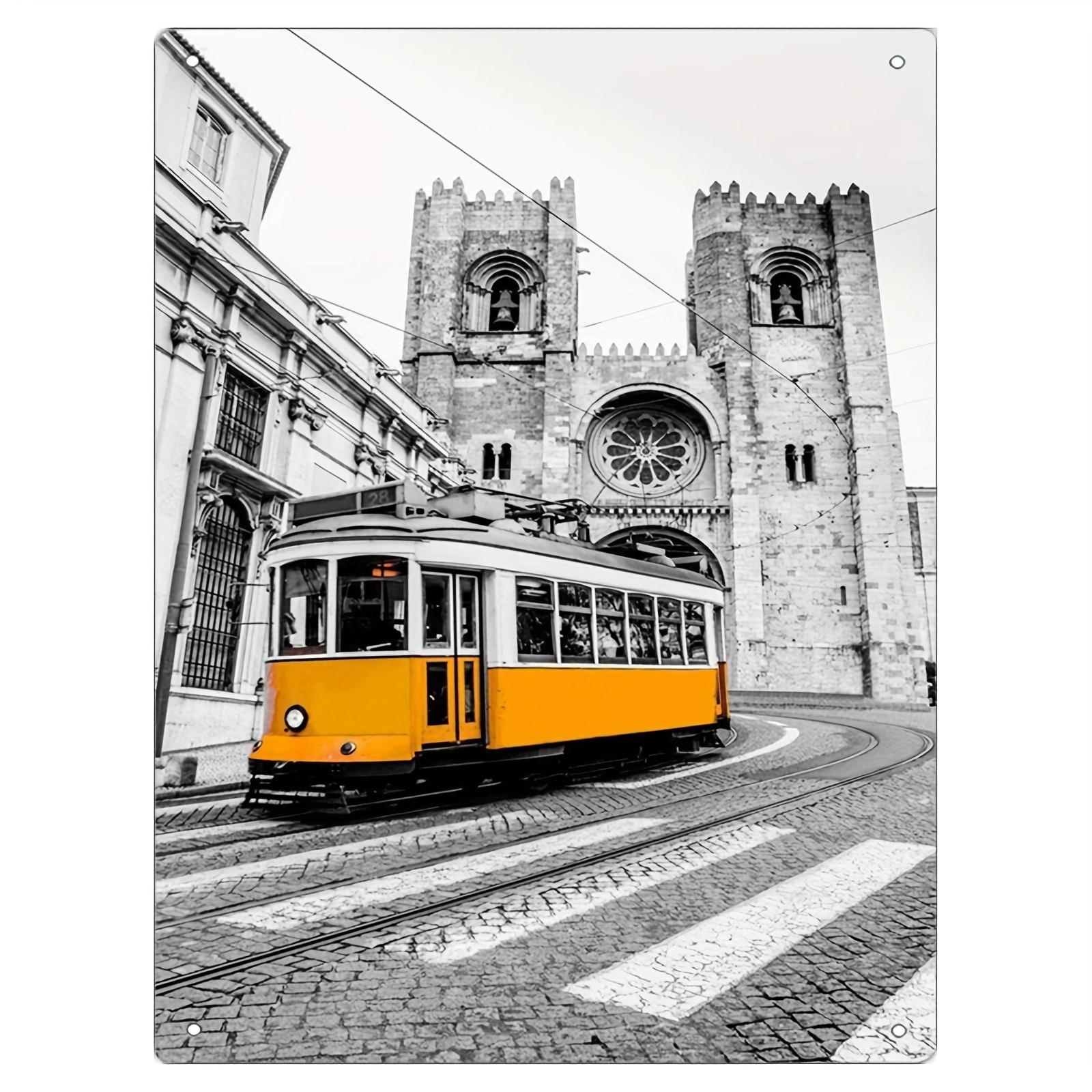 Vintage Lisbon Tram 28E Metal Wall Art  Iron Lisbon Streetcar Foil Engraving Sign Portugal Travel Souvenir WeatherResistant 20x30cm（7.8x11.8inch）