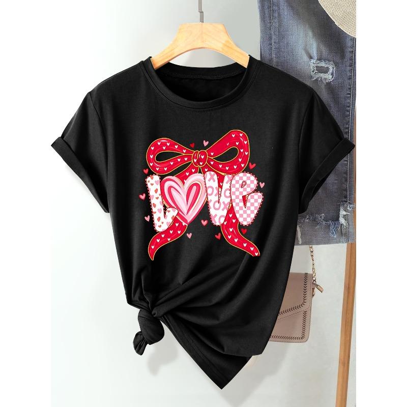 

European Size Women s Valentine s Day LOVE Letter & Red Heart Bow Print T-Shirt - Short Sleeve Round Neck Casual Blouse 4XL