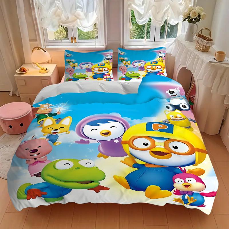3-teiliges Pororo der kleine Pinguin & Freunde Kinder Bettwäsche Set - Universelles Dreiteiliges Set für Schlafzimmer, Gästezimmer, Wohnzimmer, Hotel - Perfektes Geschenk