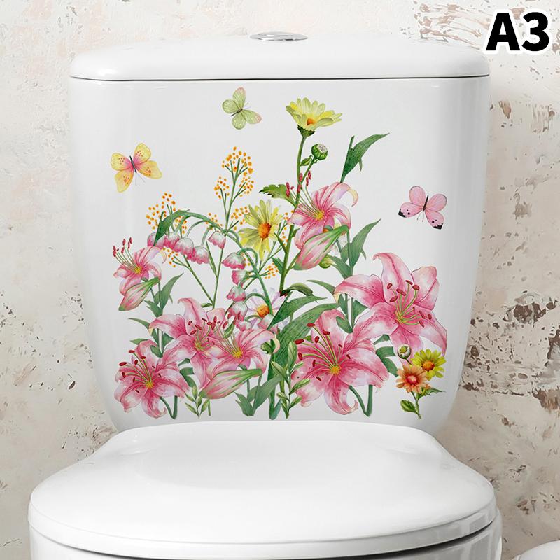 1Pcs Flower Floral Toilet Stickers Green Plant Leaves Wall Stickers Decoration Waterproof Self-Adhesive Decals Bathroom Sticker