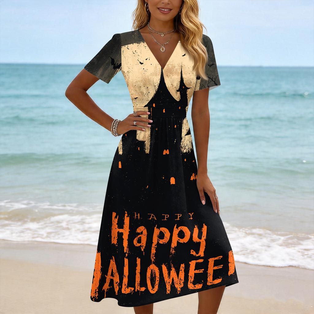 Womens Casual V Neck Short Sleeve Dress Halloween Print Midi Dress Comfortable Fit Lightweight Fabric Suitable for Daily Wear