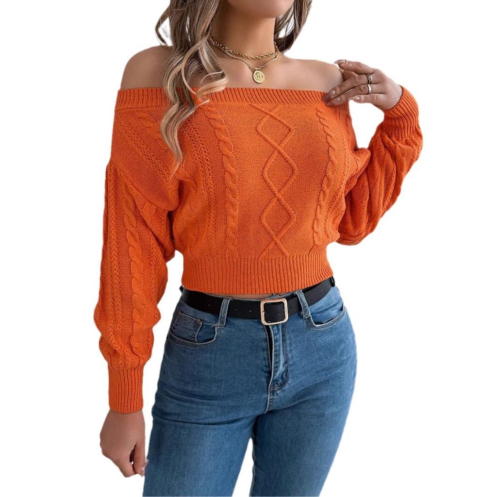 Womens Knitted Sweaters Off-Shoulder Puff Long Sleeve Chunky Knit Pullover Jumpers Rib Slim Fit Solid Knitwear Tops