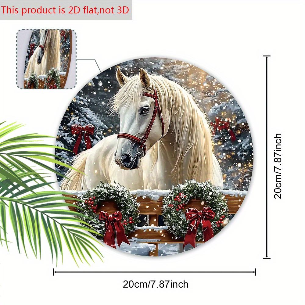 Warm Winter Wooden Christmas Sign with White Horse Pattern, Christmas Round Sign for Front Door Wall Hanging Decor, Ideal Christmas Gift