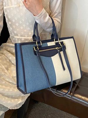 Tote Bag Women Large Capacity Briefcase Fashi Denim Splicing Handbags Korean Temperament Commuting One Shoulder Bags
