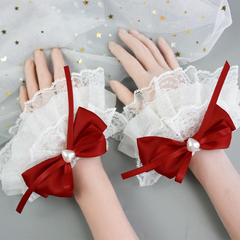 Sweet Lolita Girls Bow Ruffle Fake Sleeves Tea Party Hand Cuffs Wrist Bracelet Maid Cosplay Costume Accessory