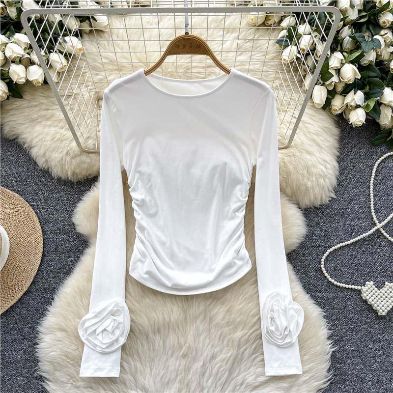 

Women s Minimalist Long Sleeve Crew Neck T-shirt with 3D Floral Design One Size білий