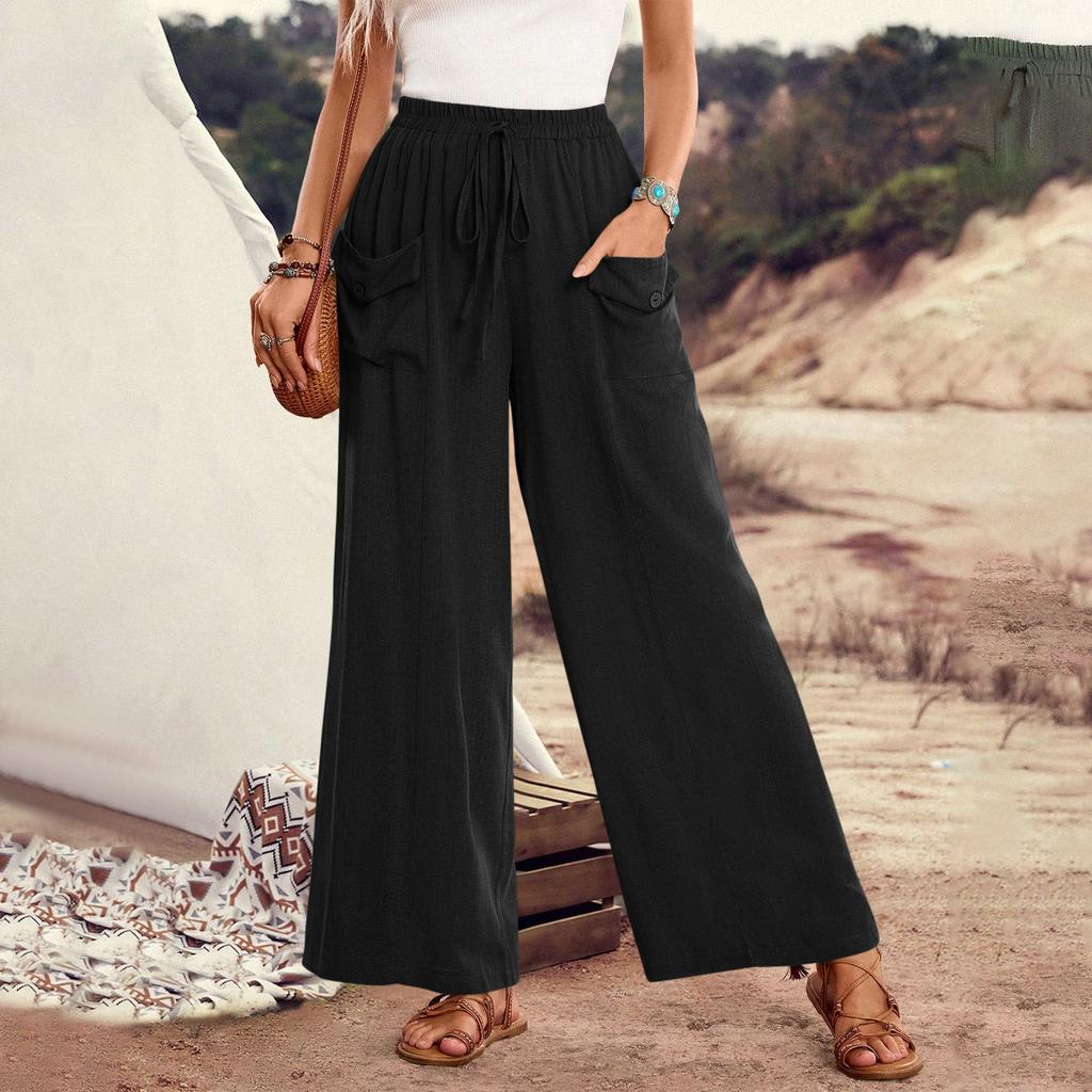 Women's Loose-Fit Casual Wide-Leg Pants With Pockets, Drawstring Waist, And Elastic Waistband