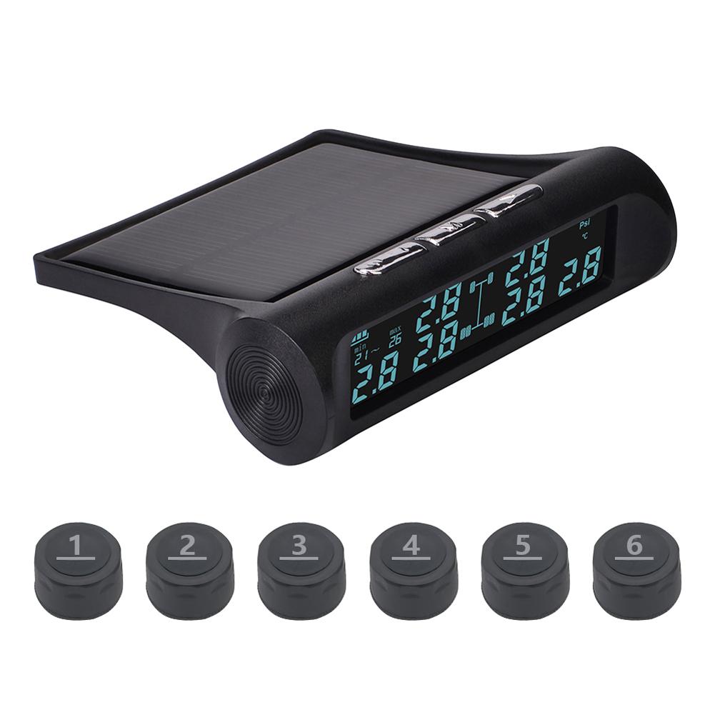 Car Wireless Tire Pressure Monitor 6 External TPMS Sensor 15bar Temperature Alarm System LCD USB Solar Truck Dedicated
