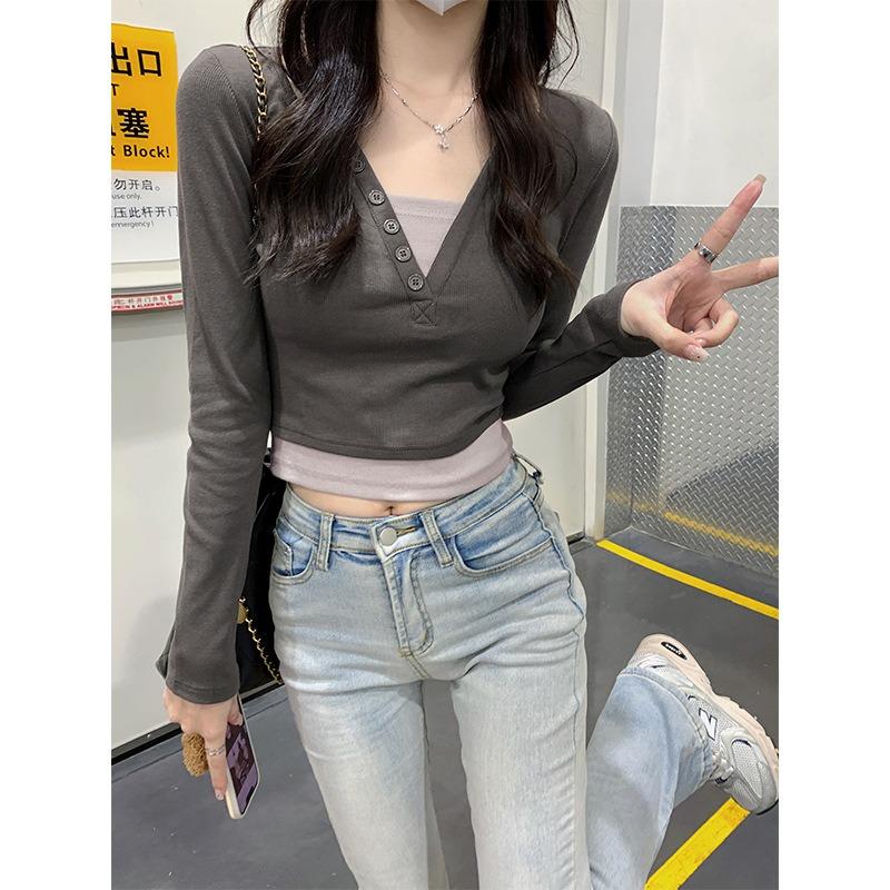 Pink age-reducing collar fake two-piece long-sleeved shirt women's bottoming shirt spring sweet and spicy slim-fitting short top