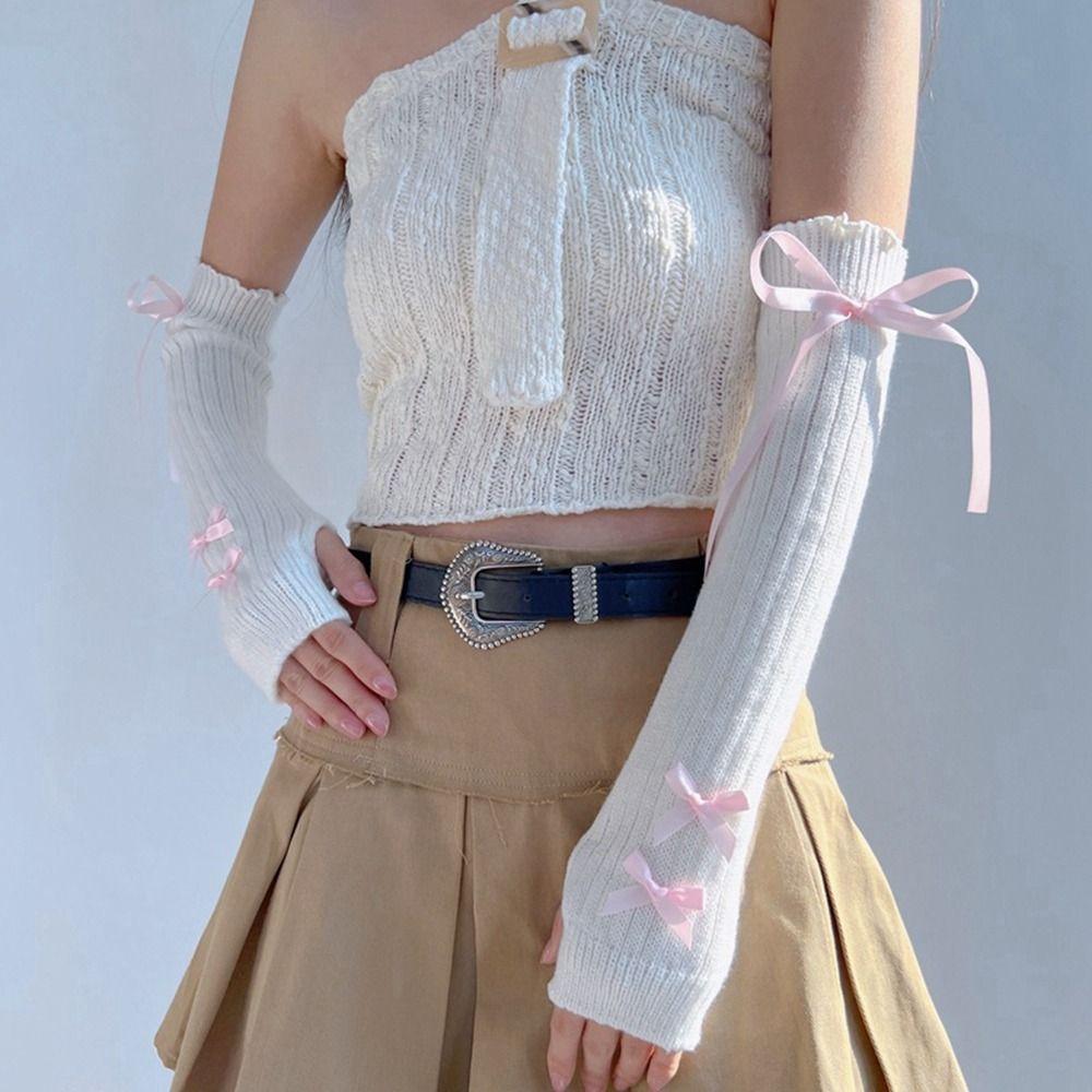 Sløyfe Y2K Varme Ermer Elastiske Fingerløse Hansker Ballettstil Sløyfe Strikkede Armvarmere Lolita