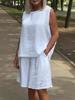 Women's Cotton & Linen Sleeveless Shorts Set - Casual Round Neck Design