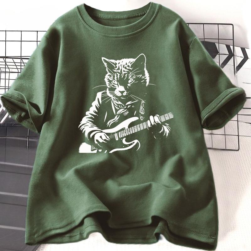 Funny Guitar Player T Shirt Music Lover Cat Owner Rock Lover TShirt Vintage Cat Mom Printed Tshirt Unisex Women Streetwear Tees