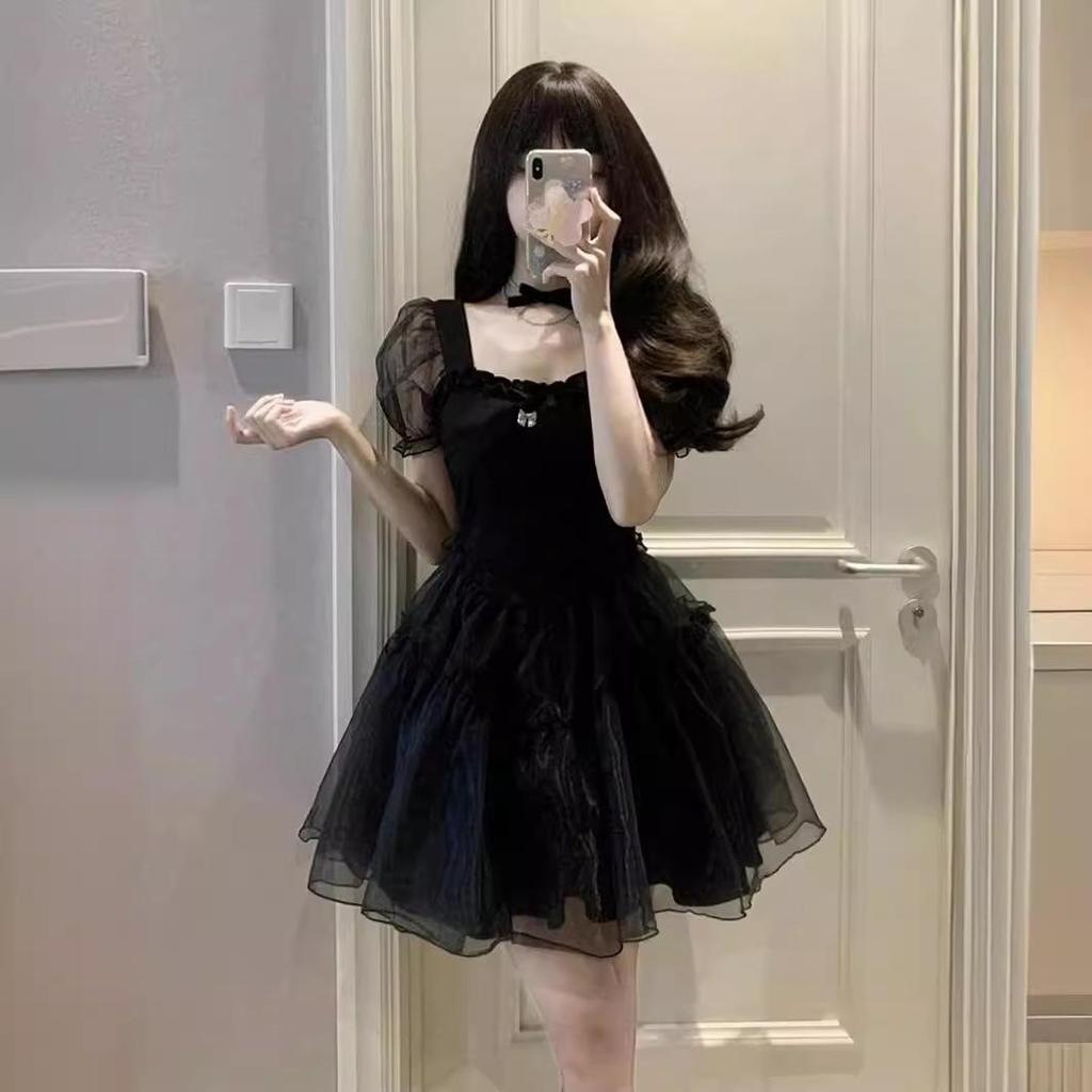 French Retro Black Puff Sleeve Slim Dress - Summer Little Black Dress