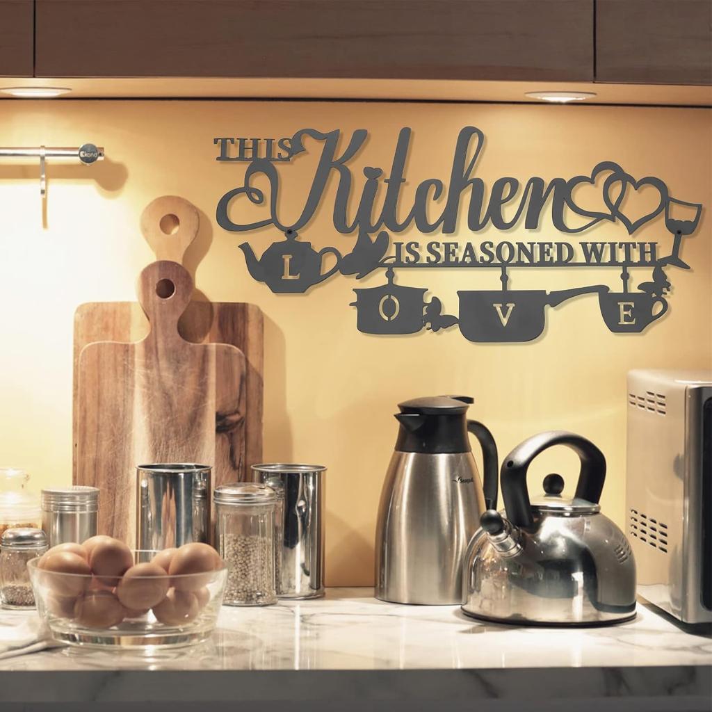 Metal Kitchen Wall Decor, This Kitchen is Seasoned with Love Black Word Name Sign Hanging Wall Art Decor, Rustic Iron Letters Quotes for Kitchen