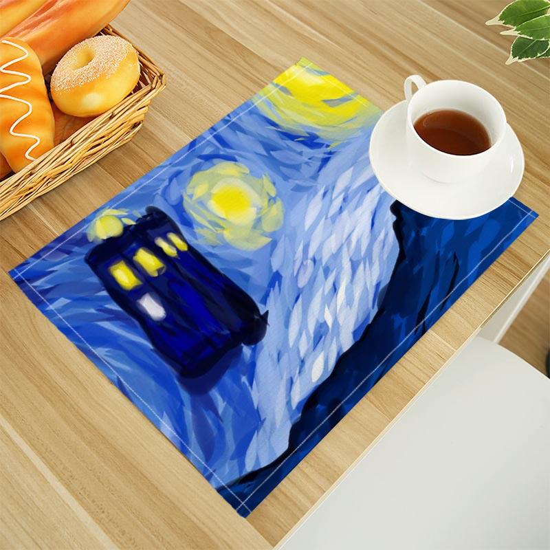 Van Gogh The Starry Night Print Linen Dining Table Mats Alphabet Kitchen Placemat 30X45cm Coasters Pads Bowl Cup Mat