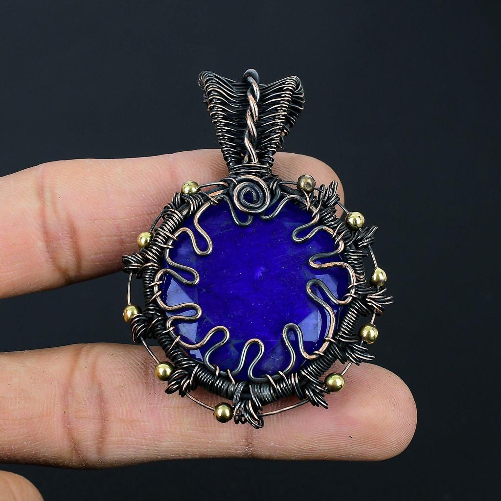 Blå Safir Laboratorie-skapt Edelsten Håndlaget Kobbertrådinnpakning Sølvsmykke Anheng For Kjærlighet