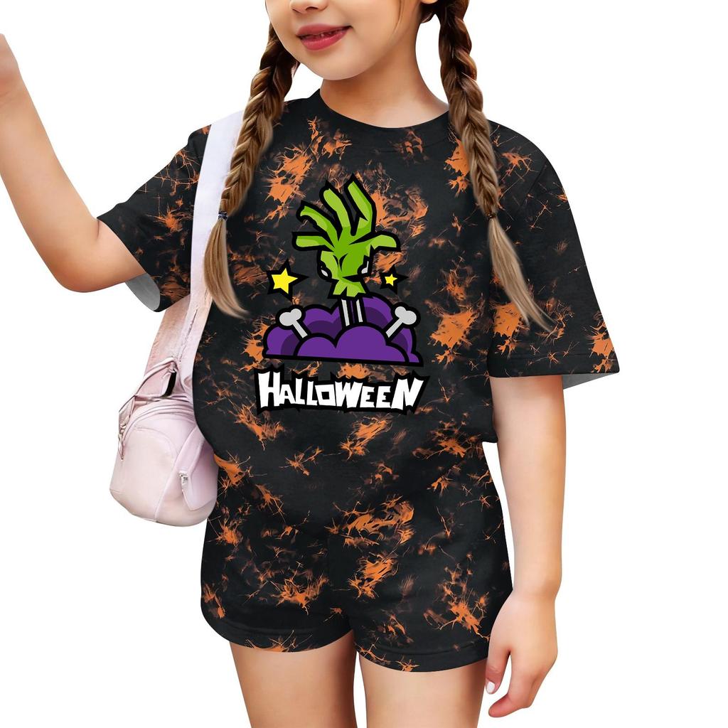Kids Halloween Print Short Sleeve T-Shirt and Shorts Set Casual 2-Piece Outfit for Boys and Girls
