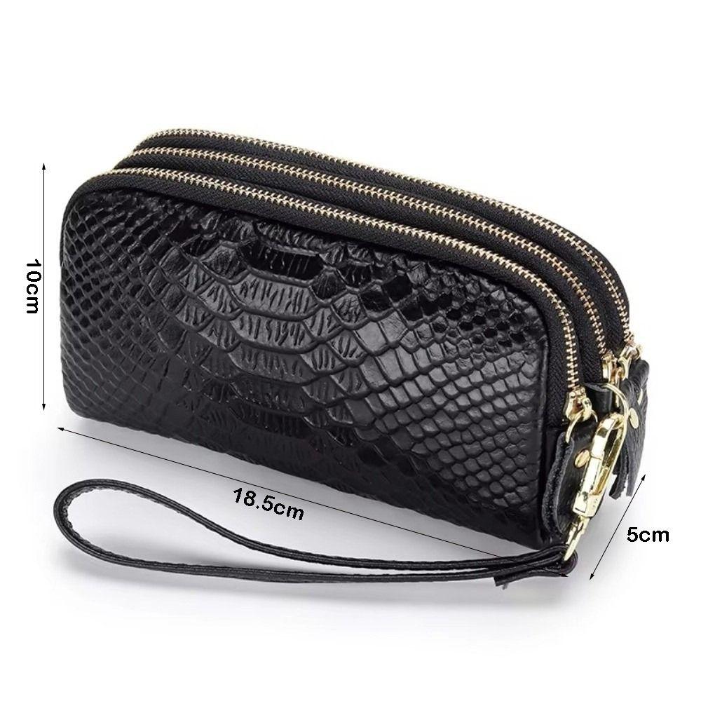 Solid Color Lady Clutch Crocodile Texture Long Zipper Genuine Leather Wallet Large Capacity 3-Layer Design Phone Bag for Women
